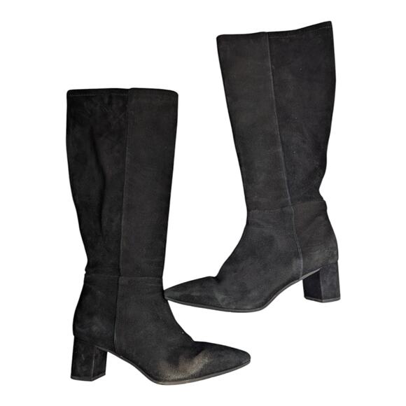 Aquatalia Karly Black Suede Knee High Pointed Toe Block Heel Minimal Boots 9.5 - Picture 1 of 8
